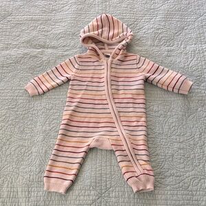Little Me Cream Hooded Knit One-Piece with Multicolor Stripes